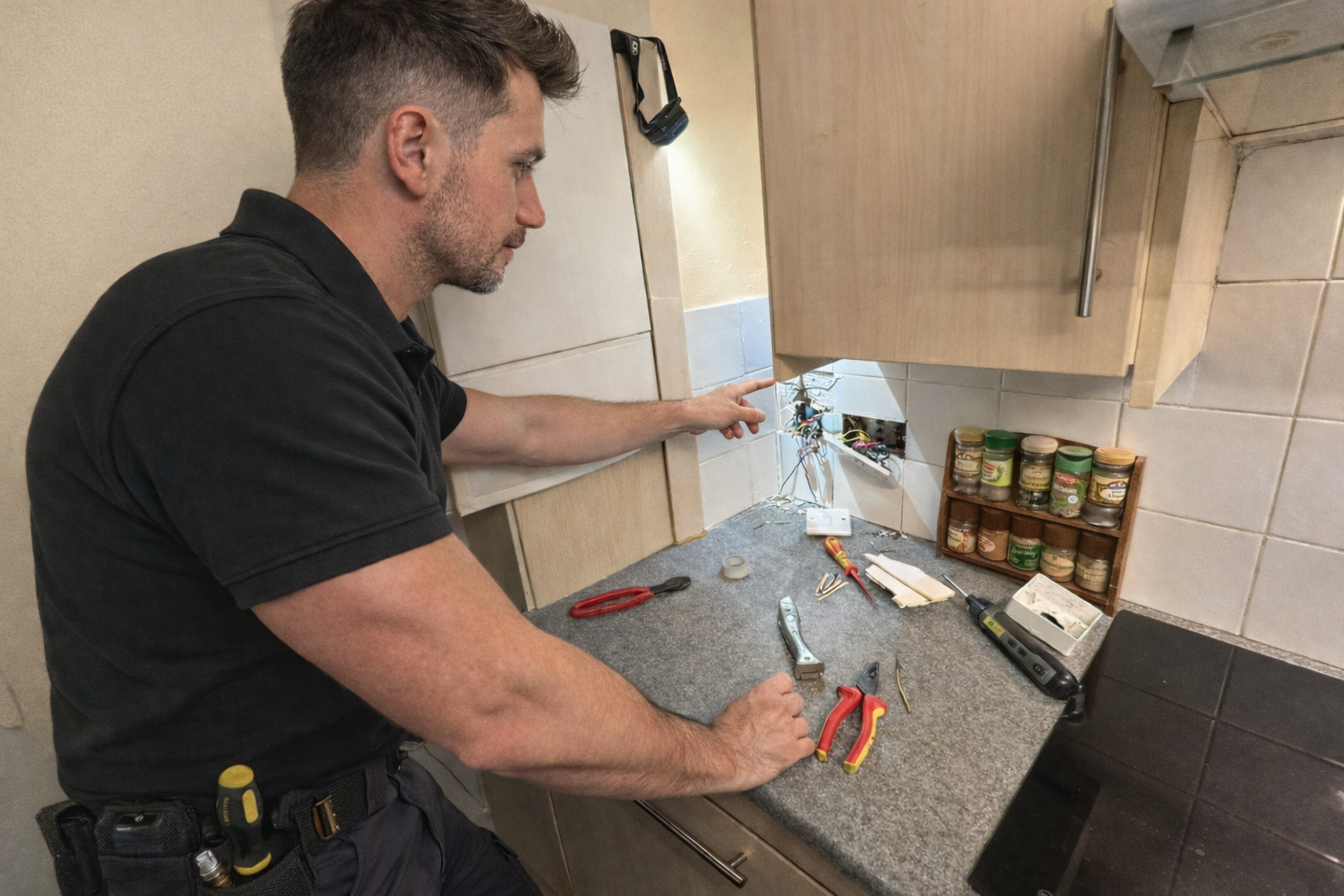 Electrician working on a kitchen electrical installation