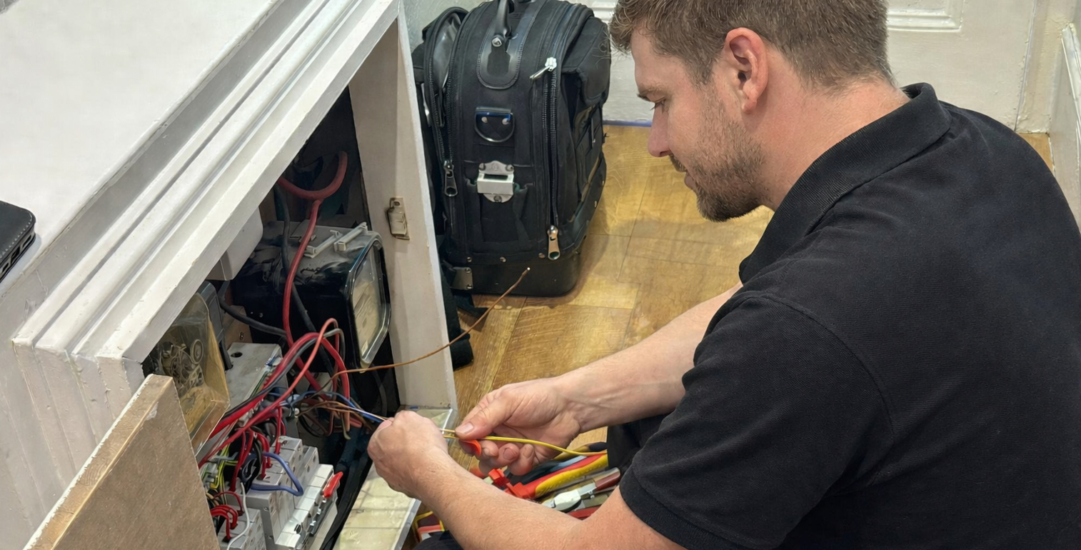 Electrician wiring a consumer unit